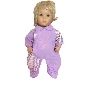 Vintage Baby Girl Doll Blonde Wavy Hair Purple Striped Outfit